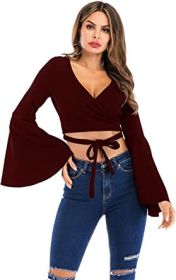 Women's Sexy Tie Up Crop Top Ladies Flared Sleeve Deep V Neck Casual Basic T Shirt (Color: RED-L)