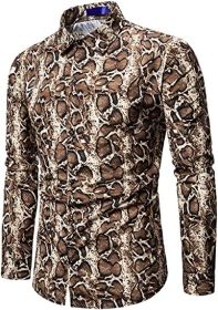 Men's Fashion Leopard Shirts Slim Fit Stand Collar Single Breasted Shirts Casual Long (Color: Bwcs yellow03-L)