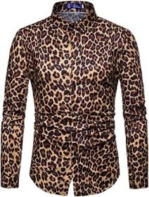 Men's Fashion Leopard Shirts Slim Fit Stand Collar Single Breasted Shirts Casual Long (Color: Bwcs yellow-XXL)