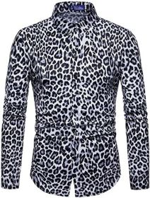 Men's Fashion Leopard Shirts Slim Fit Stand Collar Single Breasted Shirts Casual Long (Color: Bwcs white-L)