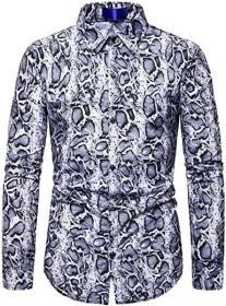 Men's Fashion Leopard Shirts Slim Fit Stand Collar Single Breasted Shirts Casual Long (Color: Bwcs white03-XXL)