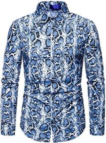 Men's Fashion Leopard Shirts Slim Fit Stand Collar Single Breasted Shirts Casual Long (Color: Bwcs blue-XXL)