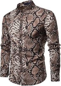 Men's Fashion Leopard Shirts Slim Fit Stand Collar Single Breasted Shirts Casual Long (Color: Bwcs yellow02-XXL)