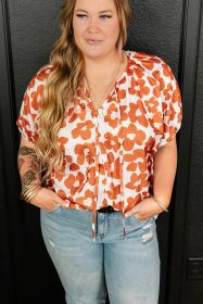 Orange Plus Size Floral Print Drawstring V Neck Short Sleeve Blouse (size: (US 22W-24W)3X)