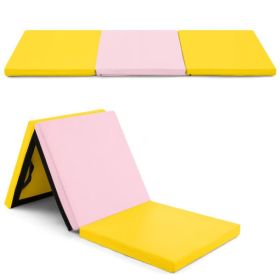 Portable Tri-Fold Gym Mat with Handles for Yoga (Color: Yellow & Pink)