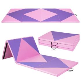 4-Panel PU Leather Folding Exercise Gym Mat with Hook and Loop Fasteners (Color: Pink & Purple)