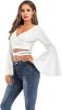 Women's Sexy Tie Up Crop Top Ladies Flared Sleeve Deep V Neck Casual Basic T Shirt