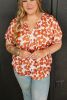 Orange Plus Size Floral Print Drawstring V Neck Short Sleeve Blouse